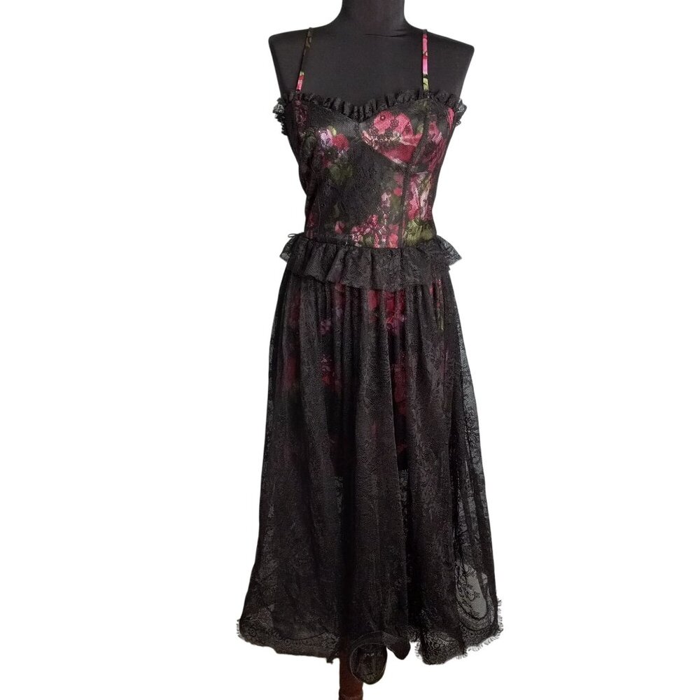 Pearl By Georgina Chapman of Marchesa Size 4 Dress Black Floral Lace Midi Flirty